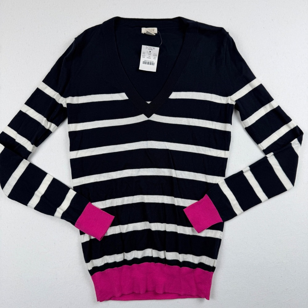 J.Crew Factory Navy White Striped V-Neck Cotton Sweater Pink Trim XXS